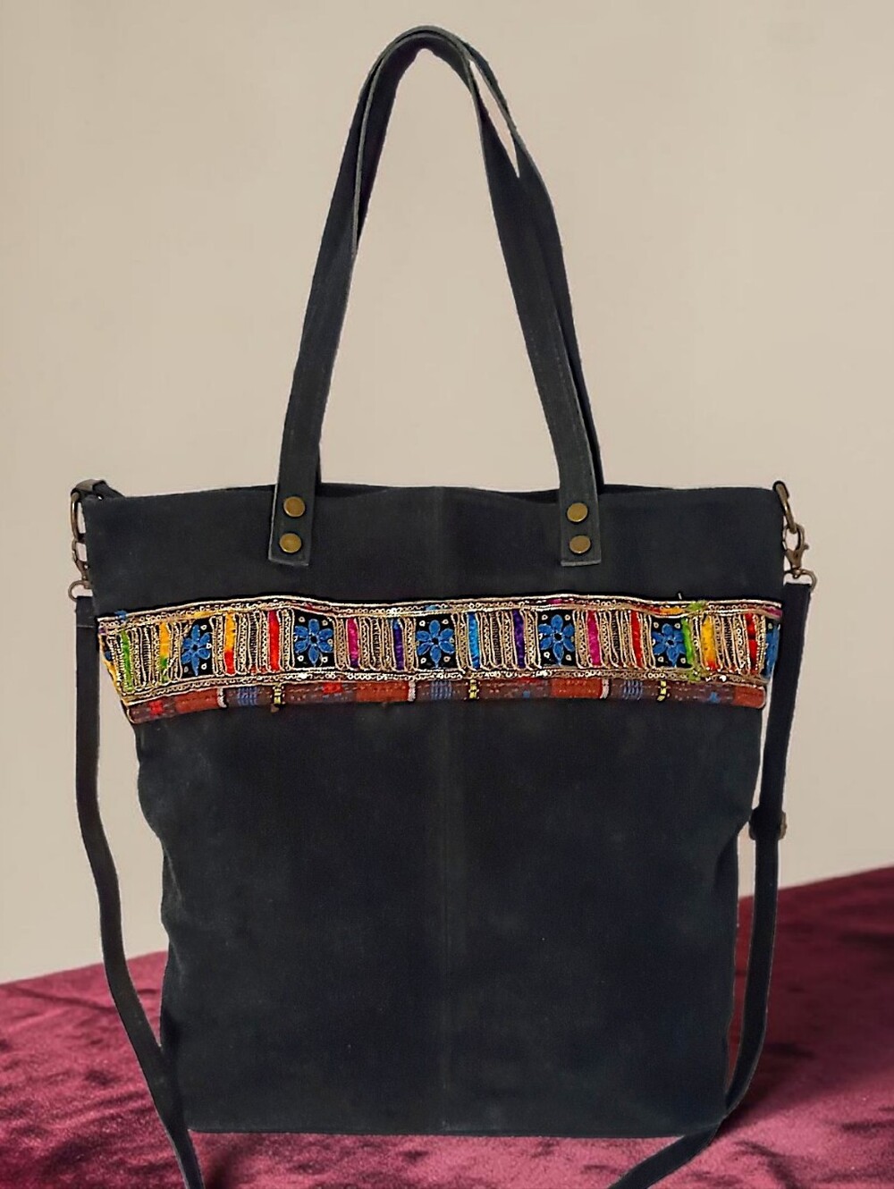 Borse in Pelle Suede Tote Bag Handbag Bag Black Ribbon‎ Detail Italy Leather